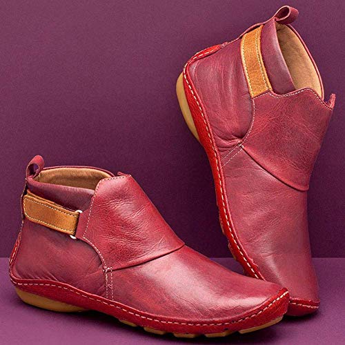 HoaJeo Mujer Mujer Botines de Piel, Otoño Vintage Mujer Zapatos Cómodo Plano Botas de Tacón Bota Corta - Rojo, 40