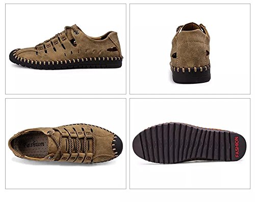 Hombres Deportivas Sandalias Zapatillas Verano Pescador Playa Zapatos Senderismo Casuales Cuero Chanclas Transpirable Trekking(Caqui,45 EU,27.5CM De talón a Dedo del pie