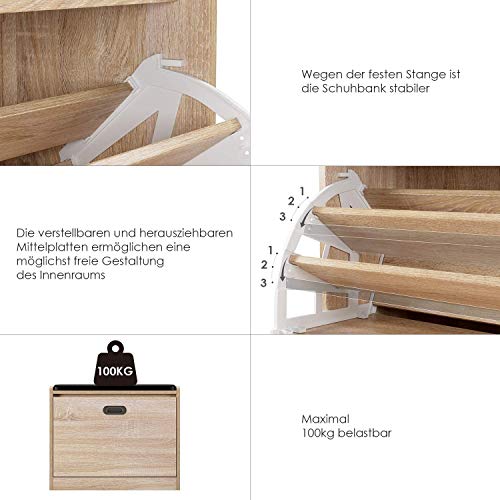 Homfa Zapatero con Asiento Banco Zapatero Roble Organizador para Zapatos con 3 estantes