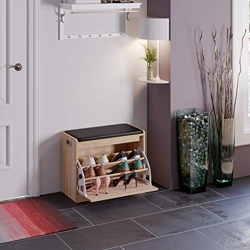 Homfa Zapatero con Asiento Banco Zapatero Roble Organizador para Zapatos con 3 estantes