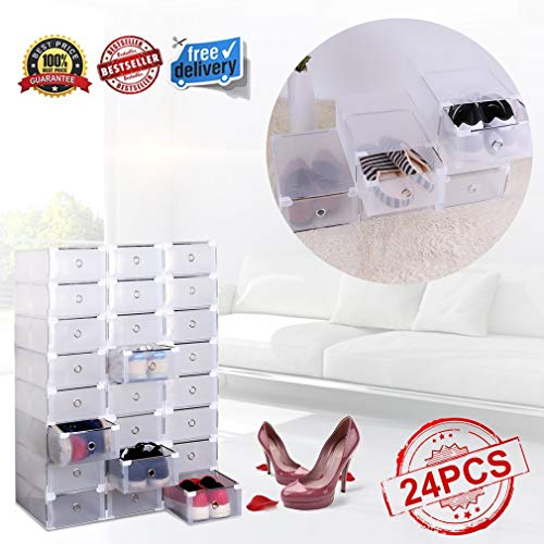 Homgrace 10 Cajas/12 Cajas/24 Cajas para Zapatos Transparente Plástico, Caja Guardar Zapatos, Calcetines, Juguetes, Cinturones para la organización de su hogar, Oficina (24 Cajas)