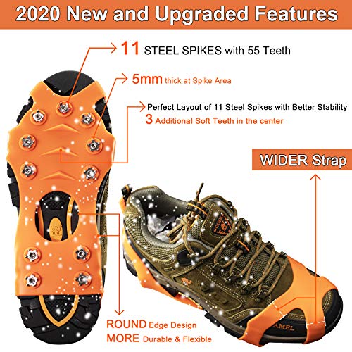 HONYAO Crampones Cubierta Antideslizante de Zapatos,Suelas Antideslizantes para Hombres y Mujeres Zapatos,11 Puntas Dientes Acero Antideslizante en Hielo o Nieve - Naranja M