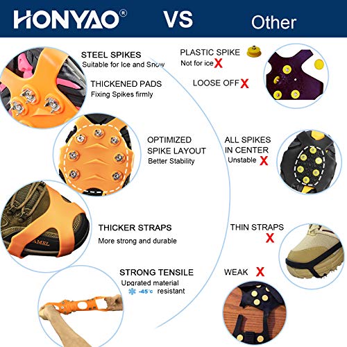 HONYAO Crampones Cubierta Antideslizante de Zapatos,Suelas Antideslizantes para Hombres y Mujeres Zapatos,11 Puntas Dientes Acero Antideslizante en Hielo o Nieve - Naranja M