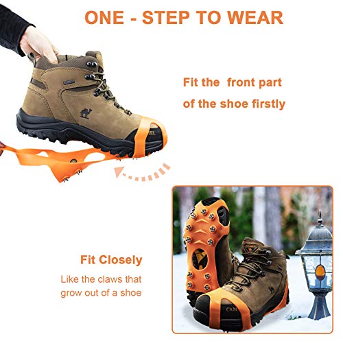 HONYAO Crampones Cubierta Antideslizante de Zapatos,Suelas Antideslizantes para Hombres y Mujeres Zapatos,11 Puntas Dientes Acero Antideslizante en Hielo o Nieve - Naranja M