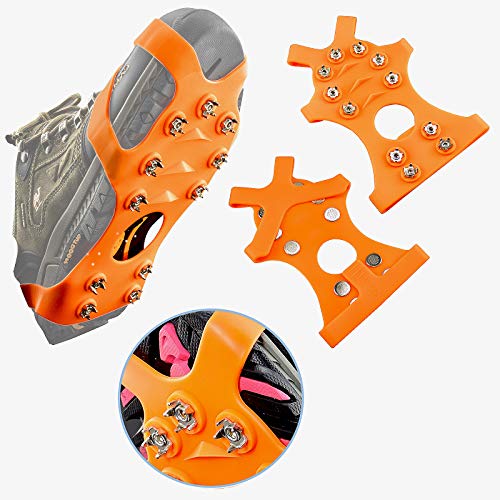 HONYAO Crampones Cubierta Antideslizante de Zapatos,Suelas Antideslizantes para Hombres y Mujeres Zapatos,11 Puntas Dientes Acero Antideslizante en Hielo o Nieve - Naranja M