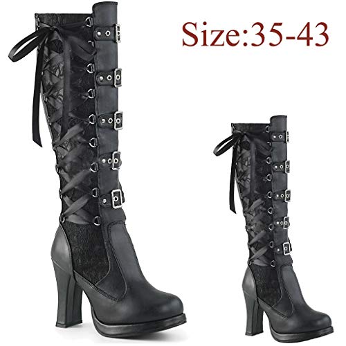 HoSayLike Botas De Mujer con Tacon Moda Mujer Cosplay Cruz Atado Cuero Rodilla Plataforma Botas GóTico Arcos Zapatos Plataforma De TacóN Alto Rojo,Negro (36, Negro)