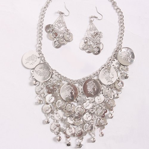 HOTER ® Juego de joyas para danza del vientre, collar y pendientes de moneda, precio/conjunto, plata
