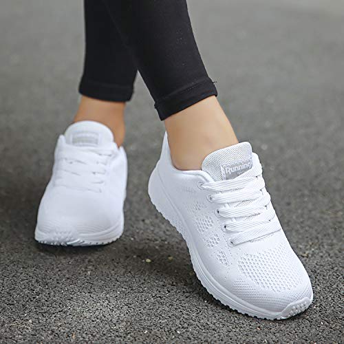 Hoylson Zapatillas de Deportivos para Mujer Running Zapatos Asfalto Ligeras Calzado Aire Libre Sneakers(Blanco, EU 38)