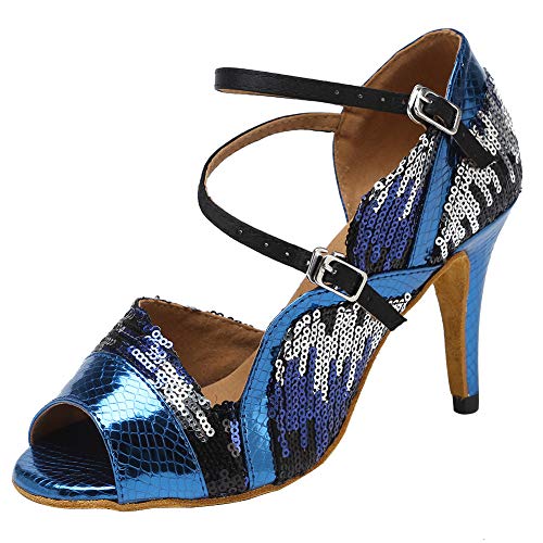 HROYL Zapatos de Baile Latino Mujer Salsa Tacon Alto Zapatos de Baile Bachata de Salón,Modelo YCL236-6-Azul,EU 36