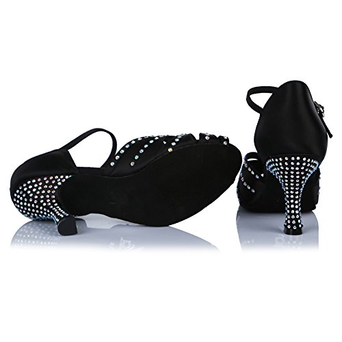 HROYL Zapatos de Baile para Mujeres y Niñas Latino de Diamantes de imitación Señoras Salsa Latina Tango Zapatos de Boda de satén,ESAF43503,Negro,39EU