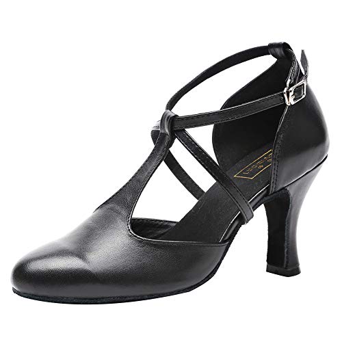 HROYL Zapatos de Tango Mujer Cerrados Baile de Salon Standard Zapatos Baile Latino Suela Cuero,YCL272-Negro-7.5,EU35