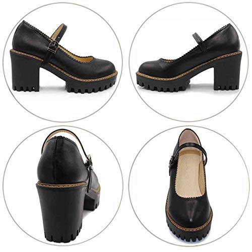 HSNA Mary Jane Shoes Mujer Tacones Altos Ancho Plataforma Zapatos de Tacón Medio Niña con Hebilla(Negro 39 EU)