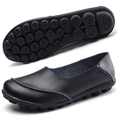 Hsyooes Mocasín de Cuero Mujer Loafers Cómodo y Antideslizante Barco Zapatos para Mujer Zapatos de Conducción