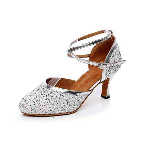 HUYUQU Bailar Zapatos De Las Señoras De Salón Y Baile Latino Para Antideslizantes Zapatos De Salón De Baile Internos Punta Cerrada De Tacón Alto,Silve(optional),41EU