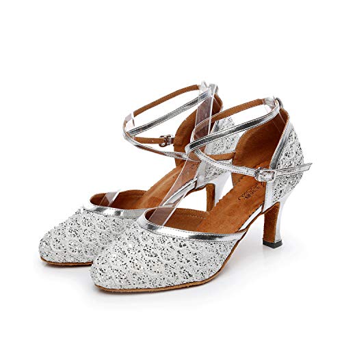 HUYUQU Bailar Zapatos De Las Señoras De Salón Y Baile Latino Para Antideslizantes Zapatos De Salón De Baile Internos Punta Cerrada De Tacón Alto,Silve(optional),41EU