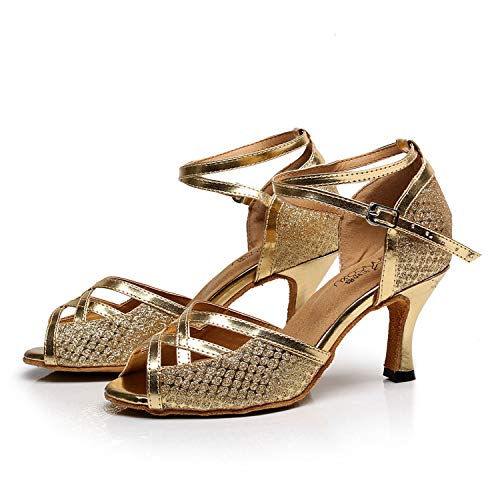 HUYUQU Zapatos de Baile Latino para Mujer Zapatos de Baile con tacón Acampanado de salón Tango Samba Waltz Interior Salón Baile,Gold(heel:7.5cm),42EU
