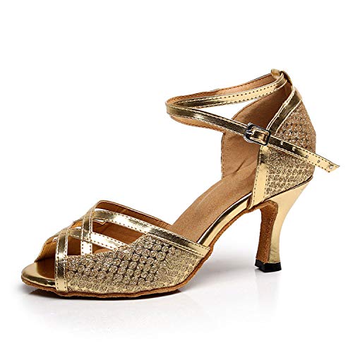 HUYUQU Zapatos de Baile Latino para Mujer Zapatos de Baile con tacón Acampanado de salón Tango Samba Waltz Interior Salón Baile,Gold(heel:7.5cm),42EU