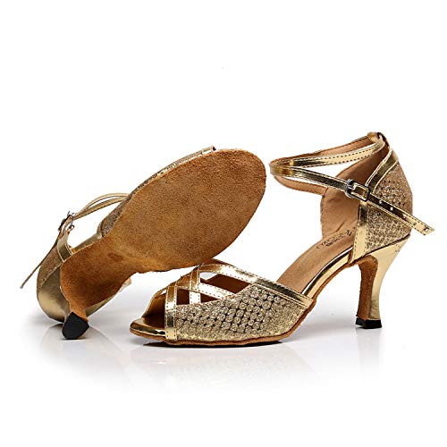 HUYUQU Zapatos de Baile Latino para Mujer Zapatos de Baile con tacón Acampanado de salón Tango Samba Waltz Interior Salón Baile,Gold(heel:7.5cm),42EU