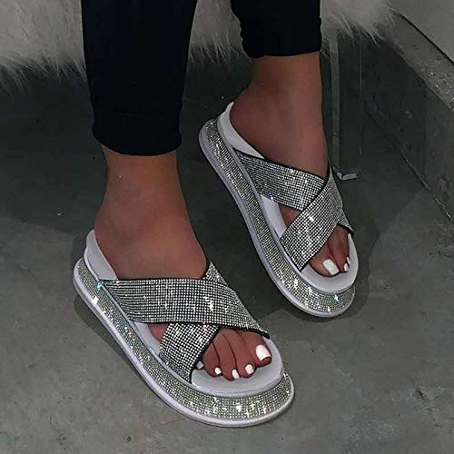Hwcpadkj Mules Mujer Sandalias de Abierta Chanclas Plano Sandalias y Zapatillas de Playa con Punta Abierta de Diamantes de Cristal de Plataforma Cruzada,Blanco,40