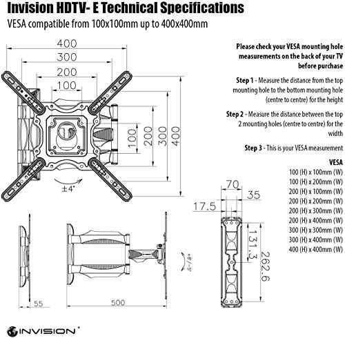 Invision Soporte de Pared para TV 24-55 Pulgadas - Inclinación y Giratoria – MAX VESA 400x400mm - Ultra Delgado para Pantallas LED, LCD, Plasma y Curvadas - Capacidad de Carga Máx 36,2 kg (HDTV-E)