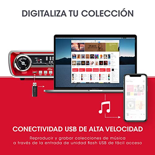 ION Audio Mustang LP - Centro de Música 4-en-1 con Diseño de Radio de Coche Clásico, con Giradiscos, Radio, USB y Entradas Auxiliares, color Rojo
