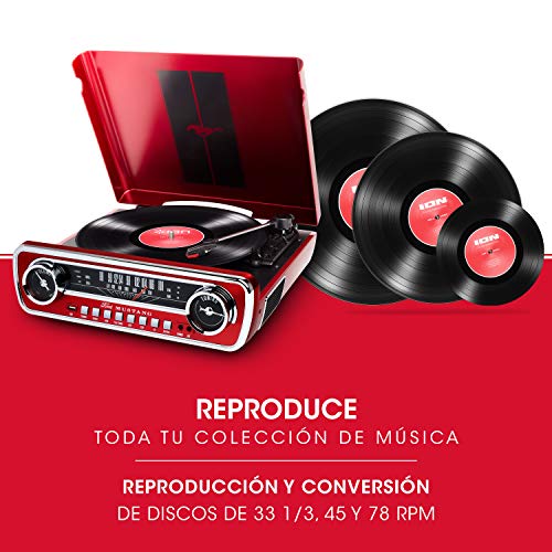 ION Audio Mustang LP - Centro de Música 4-en-1 con Diseño de Radio de Coche Clásico, con Giradiscos, Radio, USB y Entradas Auxiliares, color Rojo