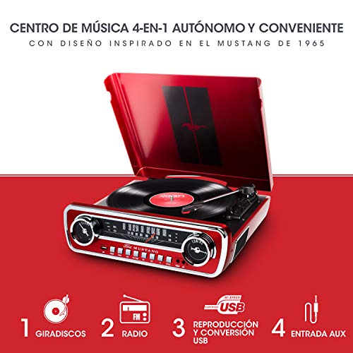 ION Audio Mustang LP - Centro de Música 4-en-1 con Diseño de Radio de Coche Clásico, con Giradiscos, Radio, USB y Entradas Auxiliares, color Rojo