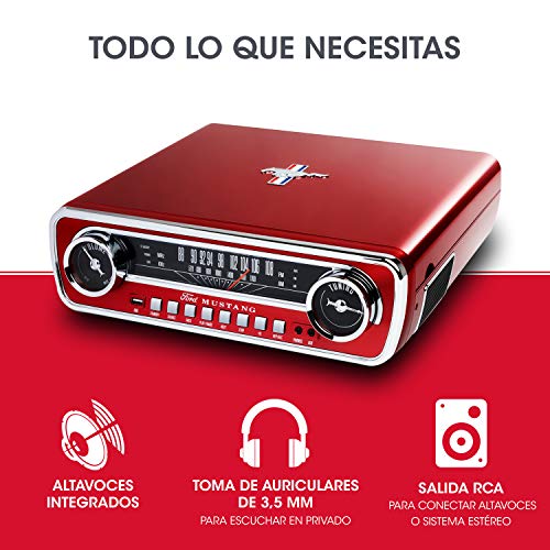 ION Audio Mustang LP - Centro de Música 4-en-1 con Diseño de Radio de Coche Clásico, con Giradiscos, Radio, USB y Entradas Auxiliares, color Rojo