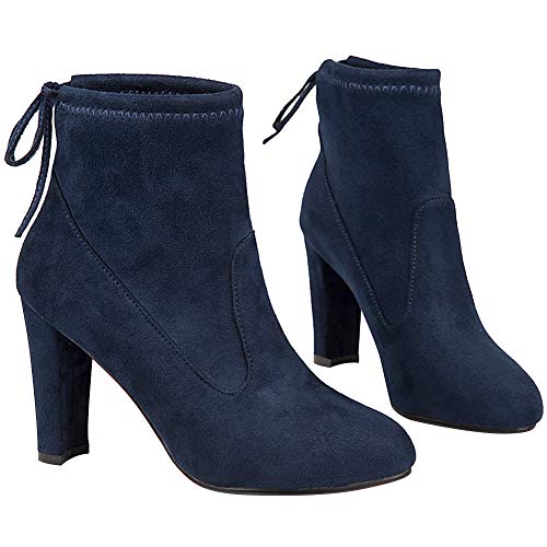 Jamron Mujer Falso Ante Elegante Tacón de Bloque Alto Botines Azul Marino SN02823 EU36