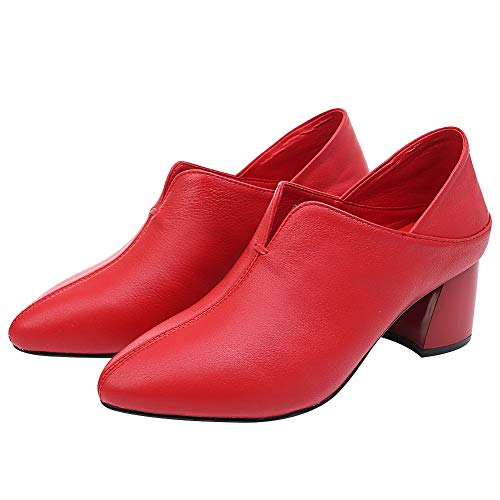 Jamron Mujer Minimalista Piel Suave Dedo del Pie Puntiagudo Tacón Medio Bloque Vestido Pumps Mulas Rojo SN02603 EU37