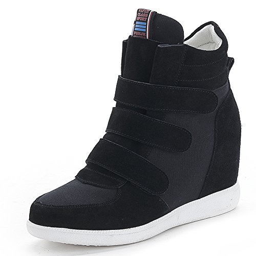 Jamron Mujer Moda Tacón de Cuña Oculto Zapatillas Zapatos del Elevador Cómoda Gamuza & Tela Zapatos de Deporte Negro 4791 EU38