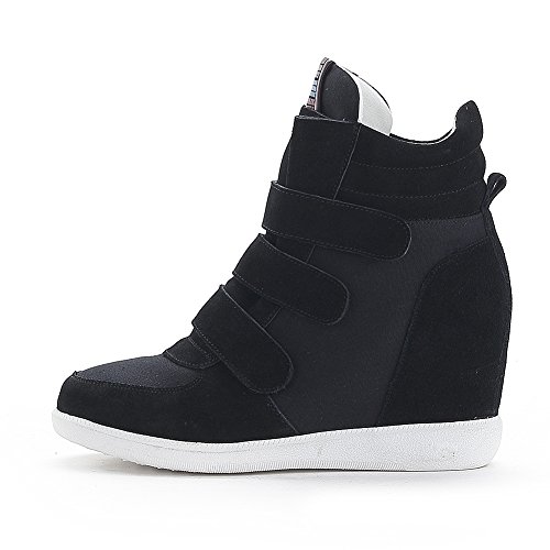 Jamron Mujer Moda Tacón de Cuña Oculto Zapatillas Zapatos del Elevador Cómoda Gamuza & Tela Zapatos de Deporte Negro 4791 EU38.5