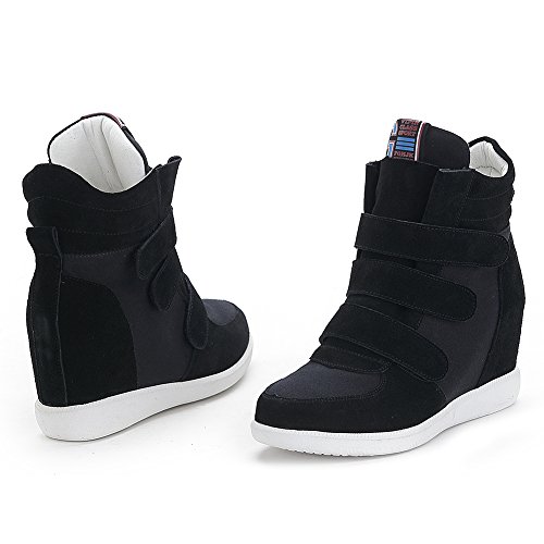 Jamron Mujer Moda Tacón de Cuña Oculto Zapatillas Zapatos del Elevador Cómoda Gamuza & Tela Zapatos de Deporte Negro 4791 EU38.5