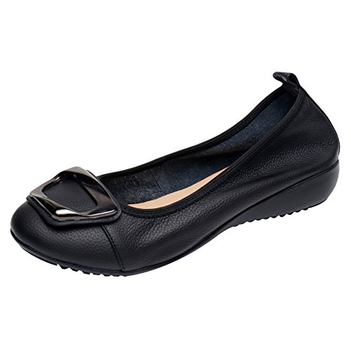 Jamron Mujer Piel Genuina Comodidad Zapatos Suela Blanda Bailarinas Talón de Cuña Baja Pantuflas Negro SN020624 EU37