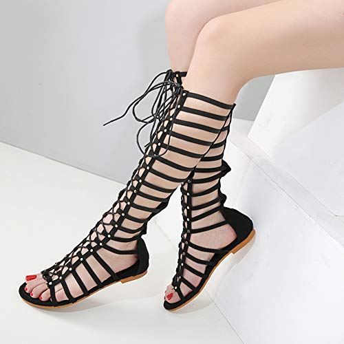 Jamron Mujer Rodilla Alta Gladiador Botas Plano Con Cordones Cremallera Romano Tiras Sandalias Negro SN02610 EU38.5