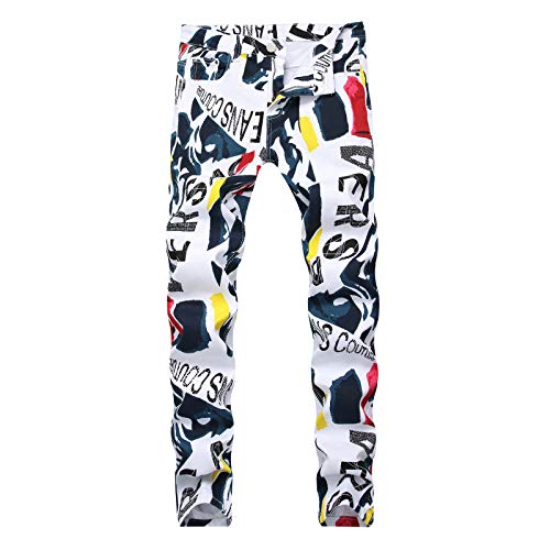 Jeans para Hombres Americana Stretch Slim-fit Graffiti Print Jeans Street Trend Hip-Hop Personalidad Jeans 32