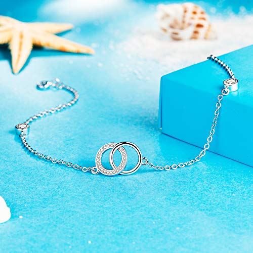 J.Endéar Tobillera para mujer Plata de ley 925 Dulce Romántico Círculos entrelazados Tobillera Cumpleaños Regalo de San Valentín ajustable 26cm, Ven con joyero