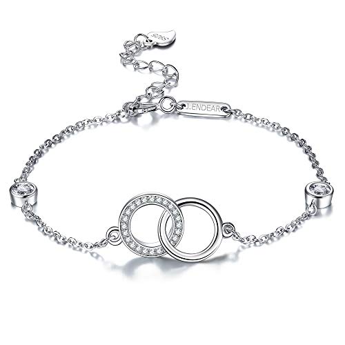 J.Endéar Tobillera para mujer Plata de ley 925 Dulce Romántico Círculos entrelazados Tobillera Cumpleaños Regalo de San Valentín ajustable 26cm, Ven con joyero
