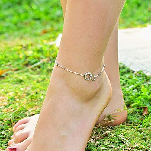 J.Endéar Tobillera para mujer Plata de ley 925 Dulce Romántico Círculos entrelazados Tobillera Cumpleaños Regalo de San Valentín ajustable 26cm, Ven con joyero