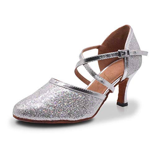 Jerilla Mujer Profesional Zapatos de Baile para Latino Salsa Estándar Comodos Sandalias Plateado