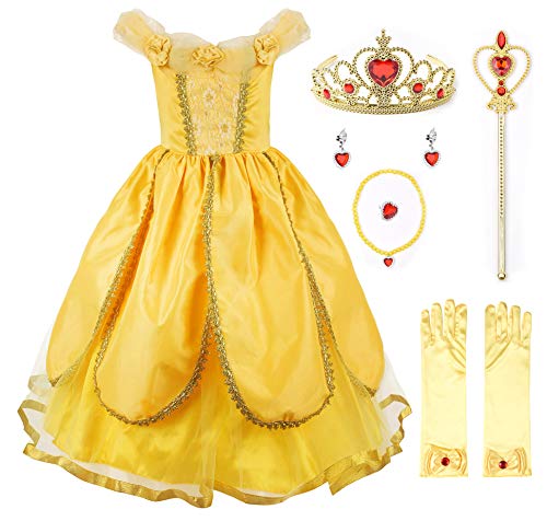 JerrisApparel Niña Princesa Belle Disfraz Tul Fiesta Trajes Vestido (6 años, Amarillo 1 con Accesorios)