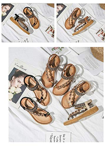 JFFFFWI Sandalias de Verano para Mujer con Punta de Clip Chanclas de Playa Sandalias Planas elásticas Tacón de cuña Zapatos Estilo Bohemia Hechos a Mano Sandalias Planas de Gladiador con Tiras, Marr