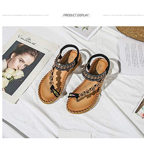 JFFFFWI Sandalias de Verano para Mujer con Punta de Clip Chanclas de Playa Sandalias Planas elásticas Tacón de cuña Zapatos Estilo Bohemia Hechos a Mano Sandalias Planas de Gladiador con Tiras, Marr