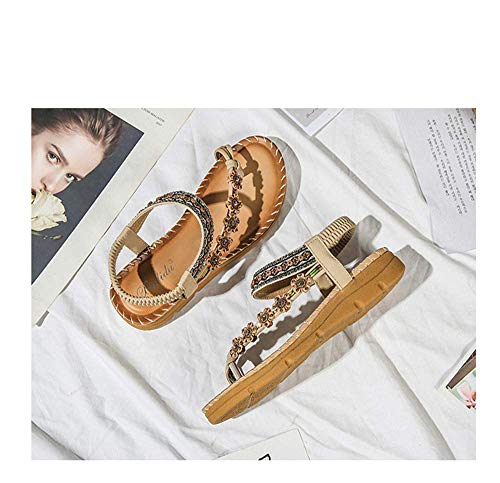 JFFFFWI Sandalias de Verano para Mujer con Punta de Clip Chanclas de Playa Sandalias Planas elásticas Tacón de cuña Zapatos Estilo Bohemia Hechos a Mano Sandalias Planas de Gladiador con Tiras, Marr
