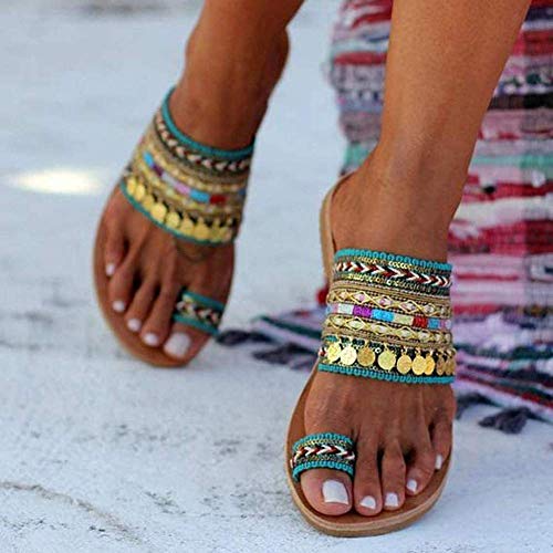JFFFFWI Sandalias para Mujer Zapatillas Planas Estilo Bohemia para Mujer Verano Estilo étnico Chanclas Sandalias con Punta Abierta al Aire Libre Moda Cómodas Sandalias Planas con Punta de Clip Zapat