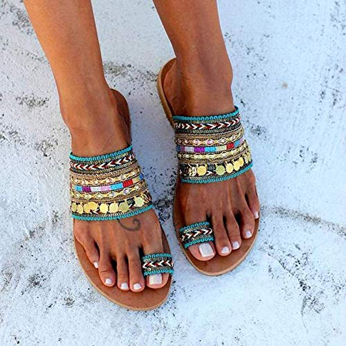 JFFFFWI Sandalias para Mujer Zapatillas Planas Estilo Bohemia para Mujer Verano Estilo étnico Chanclas Sandalias con Punta Abierta al Aire Libre Moda Cómodas Sandalias Planas con Punta de Clip Zapat