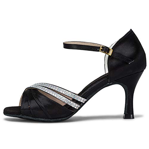 Jia Jia 20524 - Sandalias de baile latino de tacón, descubiertas, supersatinadas y con estrás para mujer, color negro, talla 37