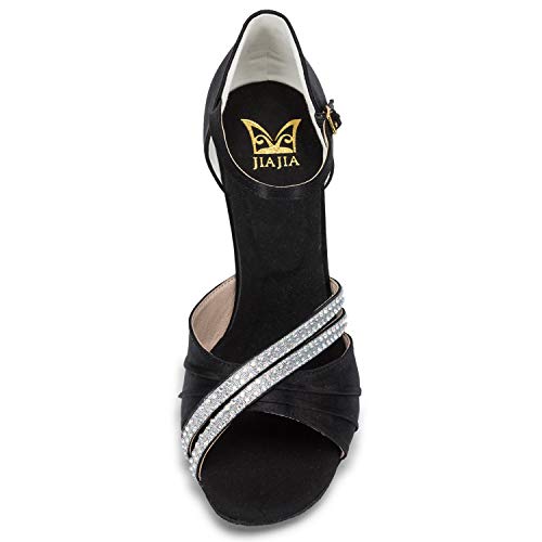 Jia Jia 20524 - Sandalias de baile latino de tacón, descubiertas, supersatinadas y con estrás para mujer, color negro, talla 37