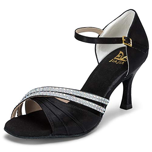 Jia Jia 20524 - Sandalias de baile latino de tacón, descubiertas, supersatinadas y con estrás para mujer, color negro, talla 37