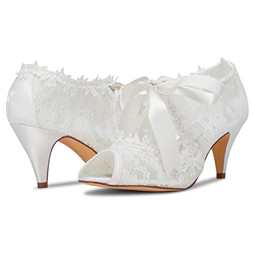 JIA JIA Zapatos de Novia de Las Mujeres 5949419 Peep Toe Cono Talón Encaje Satinado Bombas Corbata Zapatos de Boda Color Marfil,Tamaño 40